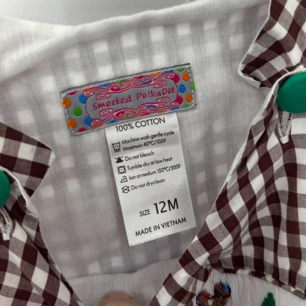 Smocked PolikaDot Brown & White Gingham Christmas Baby Romper 12mth‎